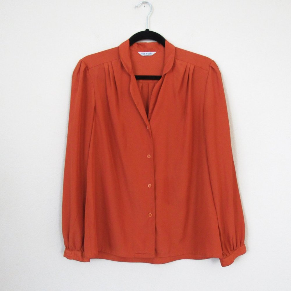 Orange Silky Button Up Blouse Office Work Shirt